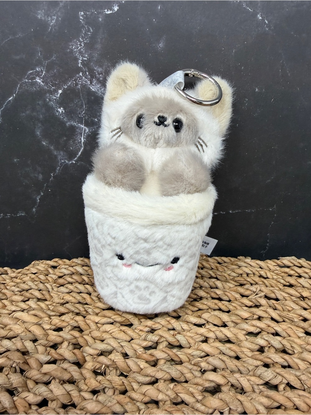 Chagee Opened Blind box. Plush Siamese Cat-in-Cup Keychain - Cream & Light Gray